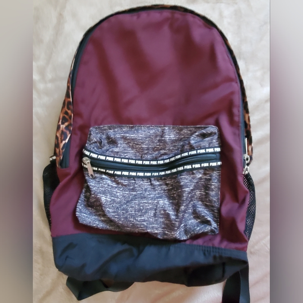 Victoria's Secret PINK Campus Backpack Burgundy/Grey with Leopard Print